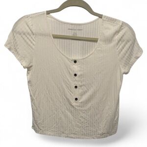American Eagle Cream Ribbed Cropped Short Sleeve Top Size Small